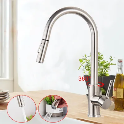 A kitchen faucet with pull-down spray head, shown in a kitchen setting with plants and a bottle of oil in the background. Insets show close-ups of the faucet's spray functions.