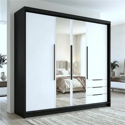 Produktbild von Geräumiger vier-türiger Kleiderschrank VIVO mit Schubladen und Metallgriffen – modernes Design