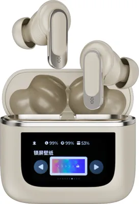 A pair of gold wireless earbuds in their charging case, which has a small LCD screen displaying battery levels and a wallpaper image.