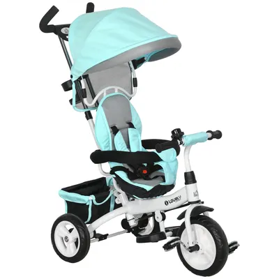 Produktbild von 6-in-1 Kinderdreirad(Grün)mit Schiebestange, Dach, Gurt, Ablagekorb, für 1-5 Jahre