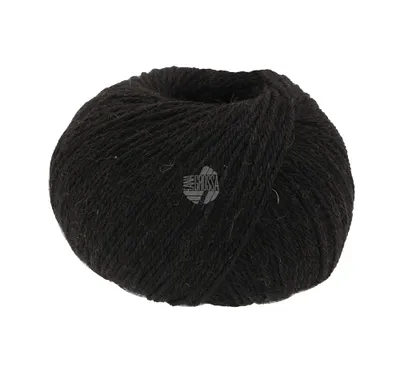 A single ball of black yarn on a white background.