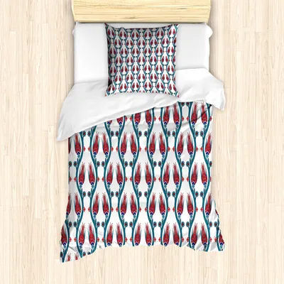 Produktbild von ABAKUHAUS Teal Bettbezug Set für Einzelbetten, Blumenkunst im osmanischen Stil, Milbensicher Allergiker geeignet mit Kissenbezug, Rote Knickente