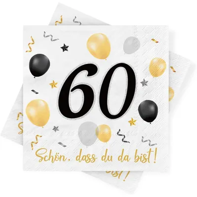 Productafbeelding van Servetten voor 60e verjaardag, zwart en goud, 30 stuks, 3-laags, papieren servetten, tafeldecoratie