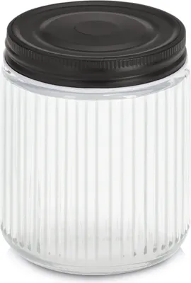 A clear studio shot of a glass jar with a black lid.