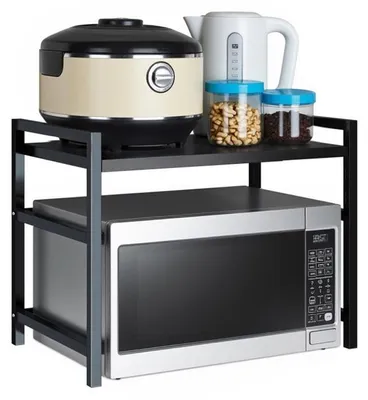 Produktbild von Erweiterbares Mikrowellenregal,Verstellbares Küchenregal mit 6 Haken, ausziehbar von 40–60 cm, Küchenorganizer für Arbeitsplatte & Backregale, Schwarz