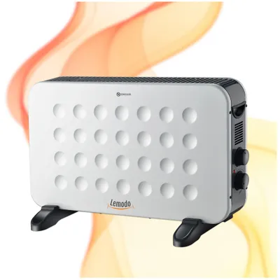 A white electric heater with a textured front panel and black controls, placed on black feet. The background features abstract wavy shapes in orange and yellow hues.
