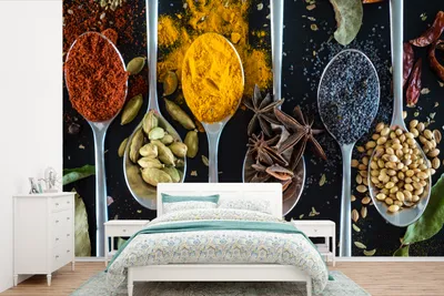 Produktbild von MuchoWow® Fototapete für Wohnzimmer oder Schlafzimmer Wandtapete Vinyl Motivtapete Löffel - Gewürze - Kräuter - Essen - Tisch - 330x220 cm - Fototapeten
