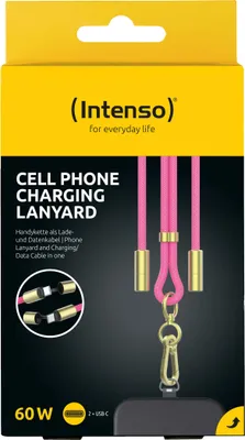 Image de Intenso USB-C Charging Lanyard - Câble pour collier de téléphone, charge rapide 60W, longueur réglable, 1,65 m en nylon, USB-C à USB-C, rose fluo