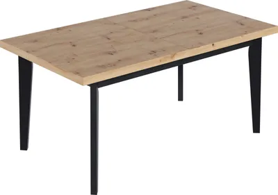 A rectangular dining table with a wood-effect top and black legs, shown from a slightly elevated side angle against a white background.