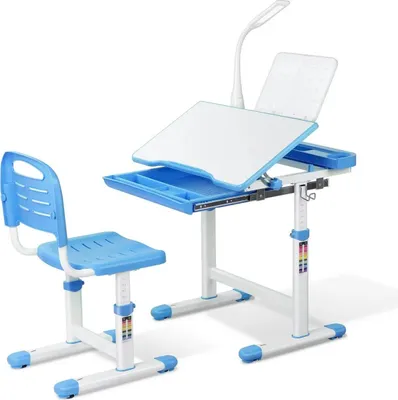 Image de Ensemble de bureau pour enfants – Bureau réglable en hauteur avec chaise d'école – Tiroir coulissant – Pour les enfants de 3 à 10 ans – Bleu – 66,5 x 50 x 54–76,5 cm