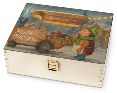 Produktbild von Mr. & Mrs. Panda Teebox Igel Maronen Design - Weiß - Geschenk, Kastanien, Duft, Weihnachtsmarkt, Teedose, Tee Box, Weihnachten, Teekiste, Holz, Teebeutel Aufbewahrung