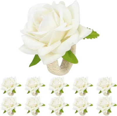Productafbeelding van Ibenzoa® Elegante servetringen van stof met bloemenprint – set van 10 stuks, wit, 8x6 cm (binnenring 3 cm, buitenring 4,5 cm), handgemaakt en herbruikbaar