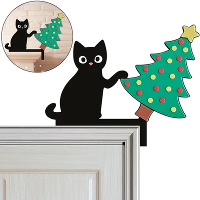 Produktbild von Türrahmen Weihnachtsdeko ,Kreative Türecken-Dekoration aus Holz, Schwarze Katze & Weihnachtsbaum,Weihnachtsecktürrahmen Deko für Wände,Türen,Fenster