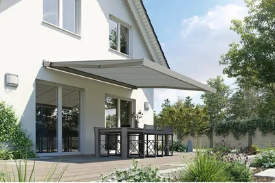 Produktbild von SOLUNA Kassettenmarkise Modern 3x2 Stoff Dessin S3581 Gestell RAL 9007 graualuminium Antrieb rechts inkl. Motor und Wand