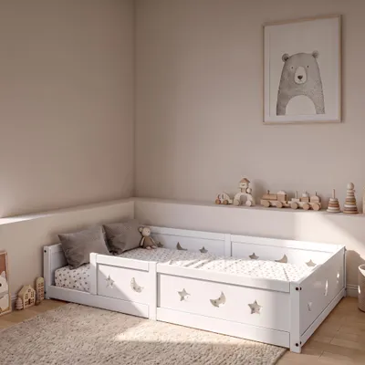 Produktbild von INONEFT Kinderbett 140x200 cm, Bodenbett mit Rausfallschutz, Hausbett Bettgestell mit Lattenrost, Montessori Bett aus Massivholz, Kinderbett Weiß