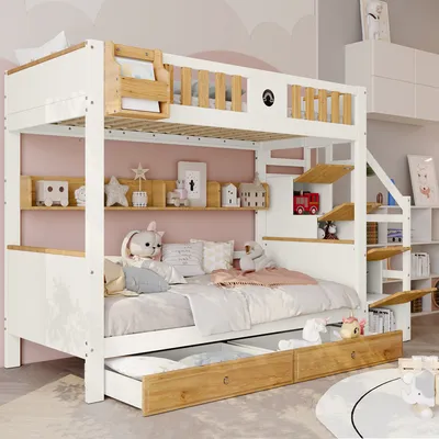 Image de MODFU Lit Superposé 90x200 cm - Lit Enfant Avec Rangement, Escalier Et Protection, 4 Armoires 2 Tiroirs, Bois, Sans Matelas, Blanc+Naturel