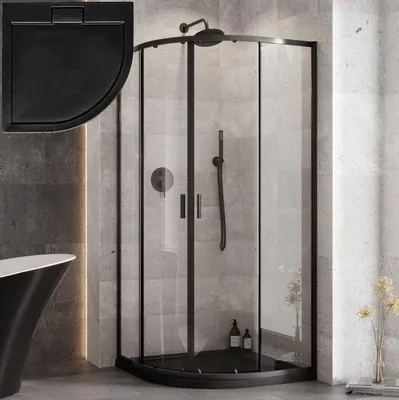 Produktbild von ECOLAM Duschset Duschkabine Zarya 80 x 80 x 190 cm + Duschwanne Axim 80 x 80 x 4,5 cm R55 Schwarz Steineffekt extra flach Klarglas Echtglas