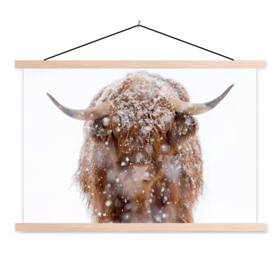 Produktbild von MuchoWow® Textilposter Schottischer Highlander - Hörner - Schnee 60x40 cm mit holzfarbenen Rahmen - Bilder