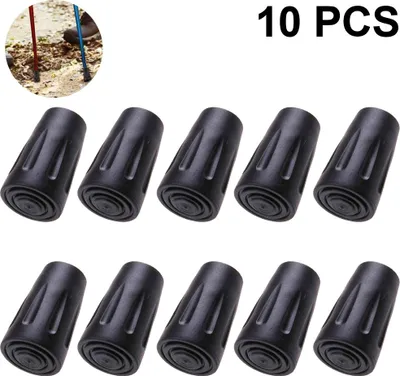 Ten black rubber tips for walking sticks are arranged in two rows on a white background. A small circular inset image in the upper left shows the tips on the ends of walking sticks in a natural outdoor setting.