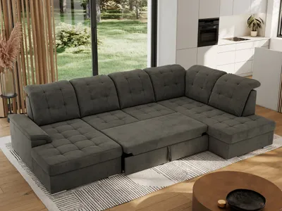 Produktbild von MKS MEBLE Ecksofa Wohnlandschaft U-Form, Sofa mit Schlaffunktion, Schlafsofa mit bettkasten, Couch mit Schlaffunktion - Dunkelgrau Velvet - Madrito U - rechts
