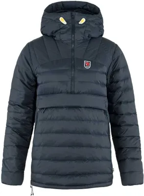 A dark blue Fjällräven down parka is shown against a white background.
