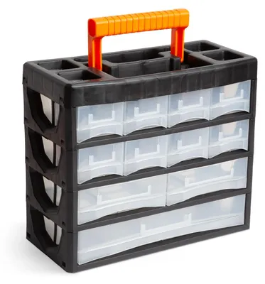 Produktbild von Tragbarer Sortierkasten / Teileschrank – Organizer mit 11 Auszugsschubladen – Bis zu 24 Fächer mit Trennwänden – Transparente, herausnehmbare Schubladen mit Beschriftungsoption – Robustes Kunststoffgehäuse mit Griff – 315 × 270 × 145 mm [10959B]