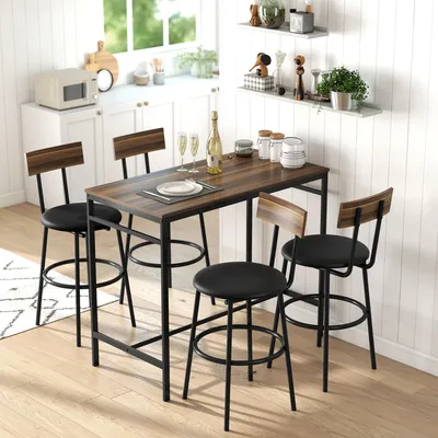 Produktbild von Bartisch-Set 5-teilig Braun, Bartisch & 4 Barhocker Kunstleder, Industrie-Stil MDF Stahl, einschiebbare Hocker | 110 x 55 x 90 cm | bis 130 kg