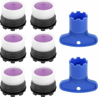 A set of faucet aerators and two installation keys are displayed against a white background.
