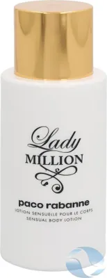 A white bottle of Paco Rabanne Lady Million Sensual Body Lotion with a gold cap.