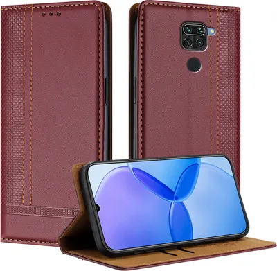 Produktbild von Handyhülle für Xiaomi Redmi Note 9 Leder Flip Klappbare Schutzhülle mit Standfunktion Dunkelrot