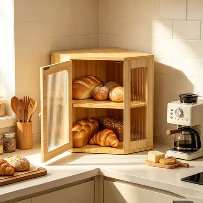 Produktbild von 2 Etagen Brotkasten Ecke, Groß Brotkästen aus Bambu,Brotbox zur Brotaufbewahrung mit Acryltür,Brotwächter für Röstbrot und Gebäck 29x29x35cm