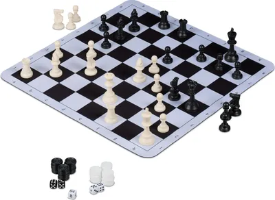 Image de Jeu d'échecs, de backgammon et de dames Relaxdays, à enrouler, avec sac de transport, 50,5 x 50,5 cm, jeu de voyage 3 en 1, noir et blanc