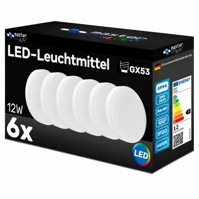 Obrázek produktu pro MasterLED, LED žárovka, patice GX53, 12 W, 1160 lm, 6500 K (studená bílá), 230 V, balení 6 kusů