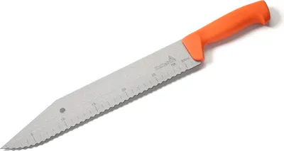 A knife with an orange handle and a serrated blade with markings.