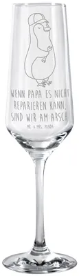 Produktbild von Mr. & Mrs. Panda Trinkglas Wenn Papa es nicht reparieren kann, sind wir am Arsch - Transparent - Geschenk, Vatertag, Flute Glas, Champagnerglas, Bruder, Sektglas, Pinguin