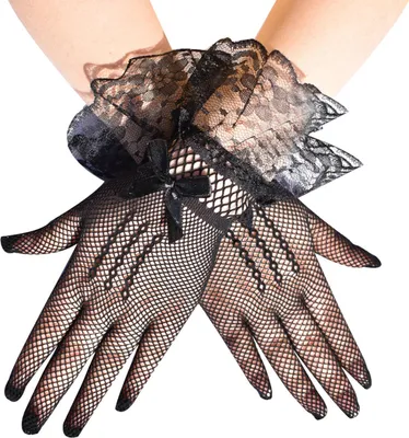 Produktbild von Kurze Damen-Spitzenhandschuhe, transparente Tüllhandschuhe in Handgelenklänge mit Schleife, Brauthandschuhe, Netzhandschuhe, Accessoire für Opernpartys und Teepartys