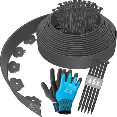 Produktbild von KESSER® Flexible Rasenkante aus Kunststoff Länge 10m Höhe 5cm, mit 50 Erdanker + Handschuhe, Beeteinfassung Beetumrandung Beetbegrenzung Mähkante Pflastersteine Palisade
