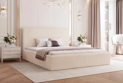Obrázek produktu pro BESILIO Ložnicová postel 160x200 Vienna - Kontejnerová postel, štíhlá postel, lamelový rošt - tkanina Shtuks - krémová