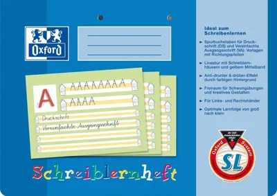 A marketing image for an Oxford Schreiblernheft (writing learning notebook) showing sample pages and highlighting features.