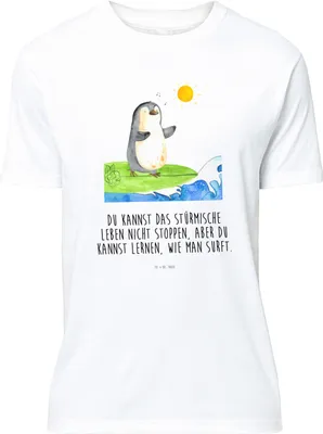 Produktbild von Mr. & Mrs. Panda Tshirt Pinguin Surfer - Weiß - Geschenk, Hawaii, Baumwoll T-Shirt, Portugal, Optimistisch, mit Spruch, Motiviert, Urlaub, Shirt, S