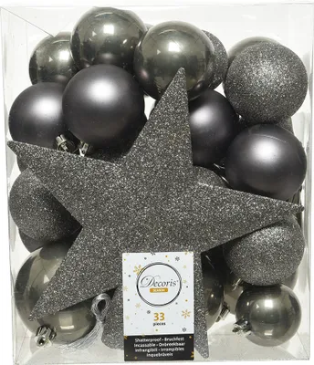 Produktbild von Kaemingk Weihnachtskugeln bruchfest, langlebig, warmgrau 33 Kugeln + Stern