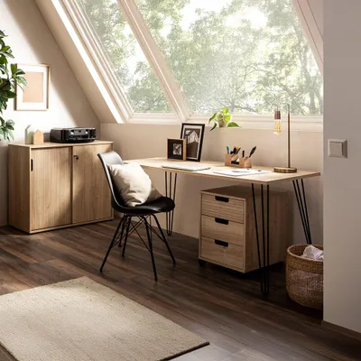 Produktbild von Büromöbel Set mit Schreibtisch und Aktenschrank in Eiche, 3-teilig - ELURU-80