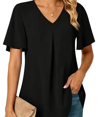 Produktbild von XFSRG Damen Bluse Kurzarm V Ausschnitt Hemdbluse Kurzarm Hemdbluse Lockere Tunika mit Falten Vorne Luftige Sommerbluse Damenoberteil für Alltag Büro Freizeit (S)