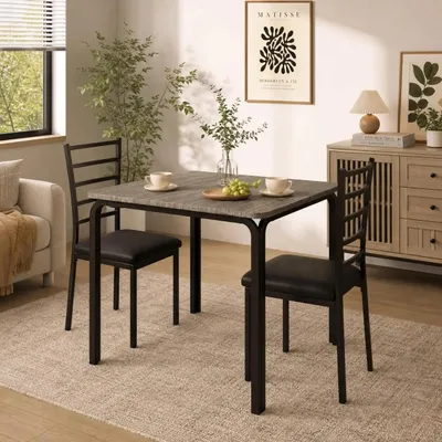 Image de Ensemble de table et chaises pour cuisine - Set de 3 pièces - Table carrée pour 2 personnes - Design gain de place - 2 chaises rembourrées - Structure en bois - Chêne