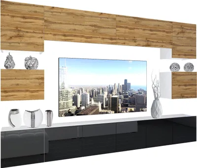 Produktbild von BELINI Wohnwand Vollausstattung Wohnzimmer-Set Moderne Schrankwand mit LED-Beleuchtung Weiß Glänzend Anbauwand TV-Schrank Eiche Wotan / Schwarz Glänzend/Matt