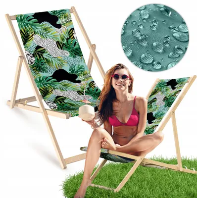 Zdjęcie produktu dla Składany drewniany leżak ogrodowy z motywem kolażu zielonych liści – leżak plażowy i ogrodowy