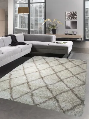 Image de Tapis Shaggy Tapis de salon Tapis à poils longs Tapis à losanges crème beige Taille - 80x150 cm