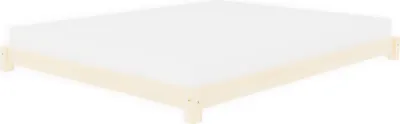 A white mattress on a natural wood bed frame, presented on a white background.
