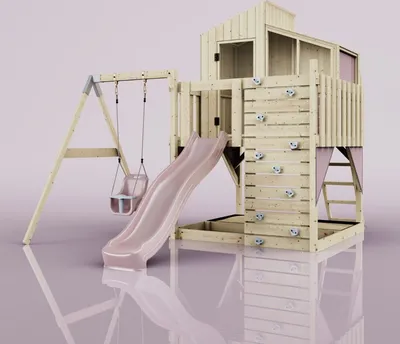 Produktbild von OutdoorToys Spielturm mit Spielhaus inkl. Wellenrutsche, Outdoor Klettergerüst Garten, Kletterwand und Kletterleiter, Ausführung: Babyschaukel, Farbe: Altrosa, mit Babyschaukel