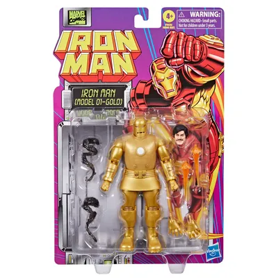 A packaged action figure of Iron Man, Model 01-Gold, with accessories and a depiction of Iron Man on the packaging.
